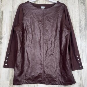 Chico's Vegan Leather Ponte Tunic L 2 Red Maroon Gold Cuff Stretch Chic Fall Top